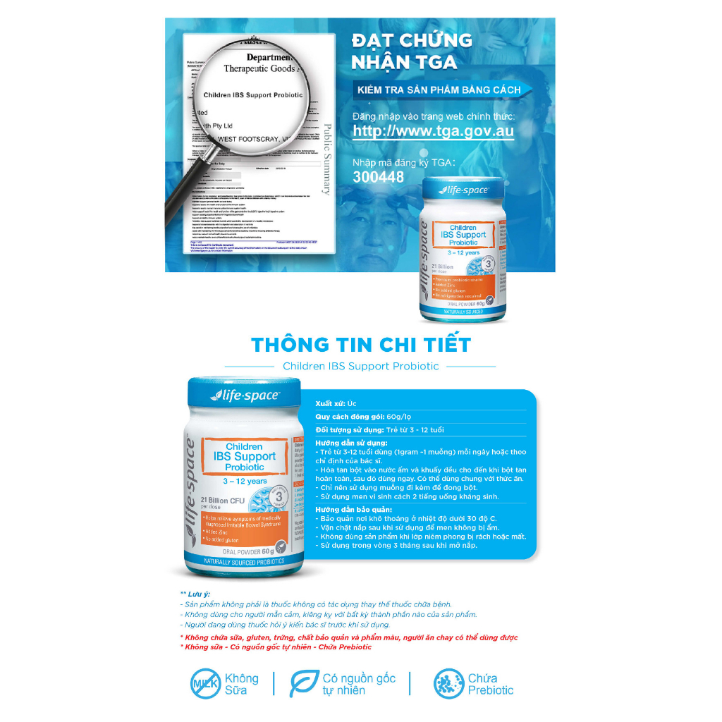 Men vi sinh giảm kích thích đường ruột cho bé 3 - 12 tuổi Life Space Childrens IBS Support - 60g- Hàng chính hãng