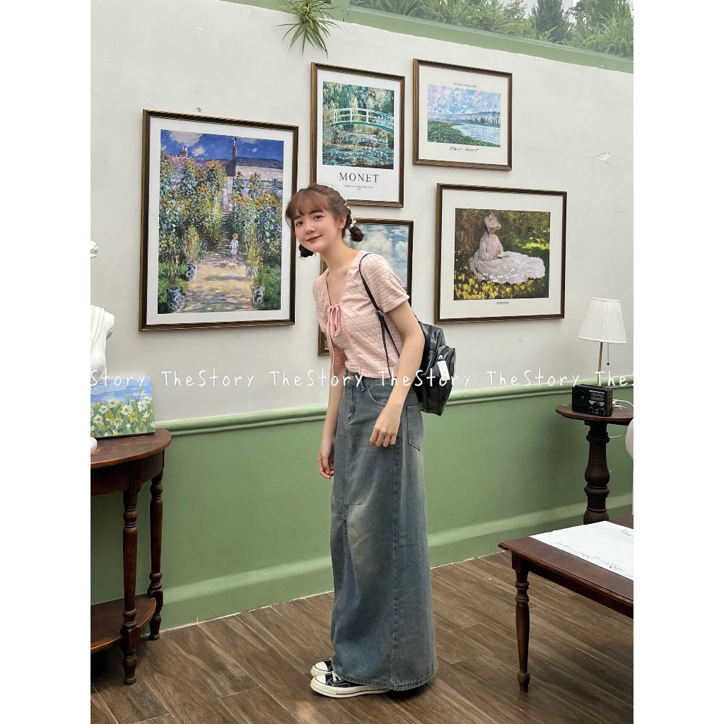 Chân váy jean dáng dài có 2 đường chéo ở giữa  CV367