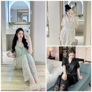 Bộ lụa latin phối ren, tay ngắn, quần có túi
