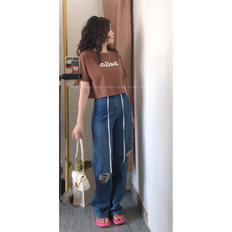 Quần jean suông túi vá rách gối hình thật