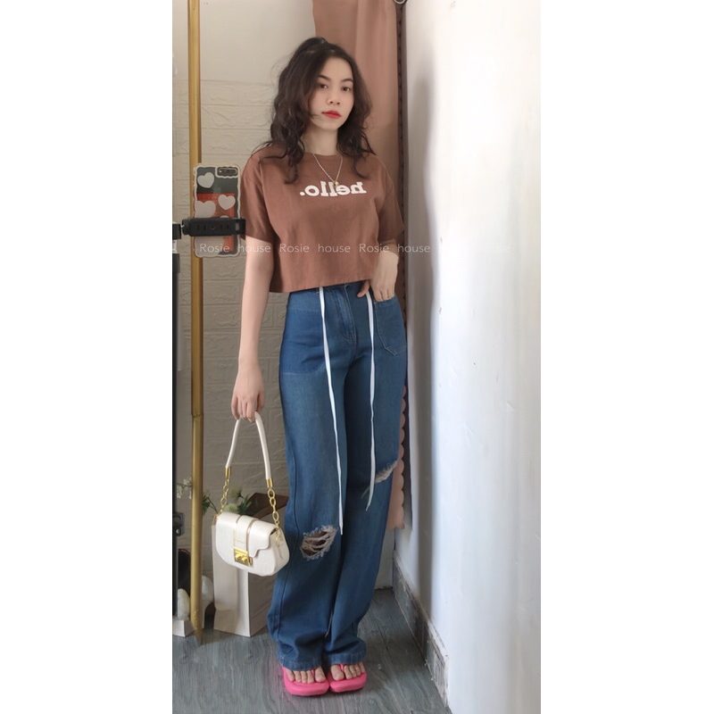 Quần jean suông túi vá rách gối hình thật