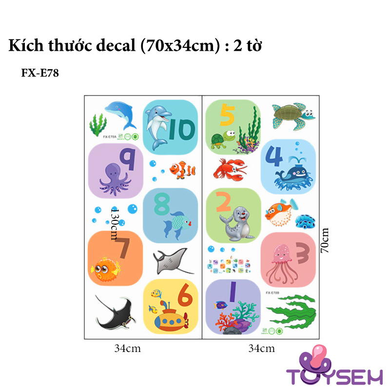 Decal dán sàn nhà trò chơi nhảy lò cò mẫu động vật biển FX-E78 theo ô từ 1 đến 10 - Quà tặng sinh nhật cho bé