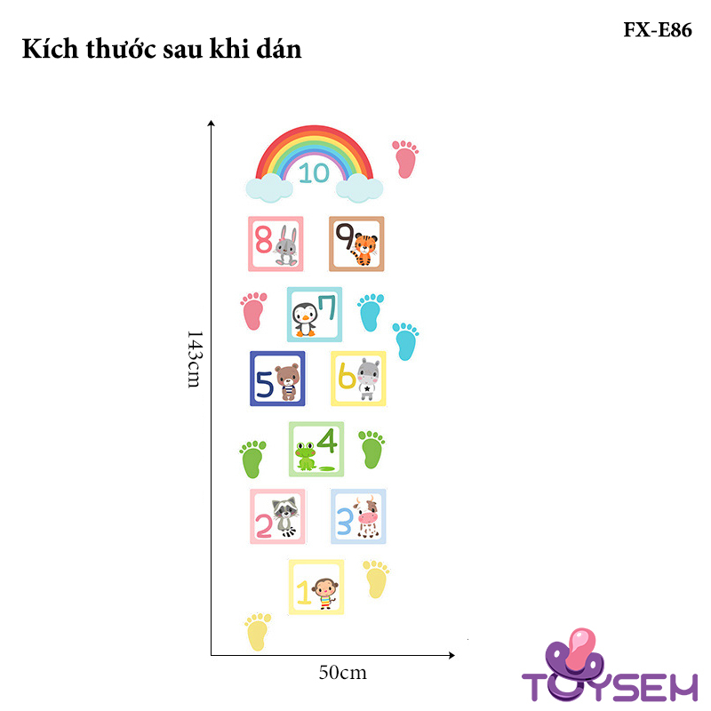 Decal dán sàn nhà trò chơi nhảy lò cò Toysem mẫu cầu vồng FX-E86 theo ô từ 1 đến 10 - Quà tặng sinh nhật cho bé
