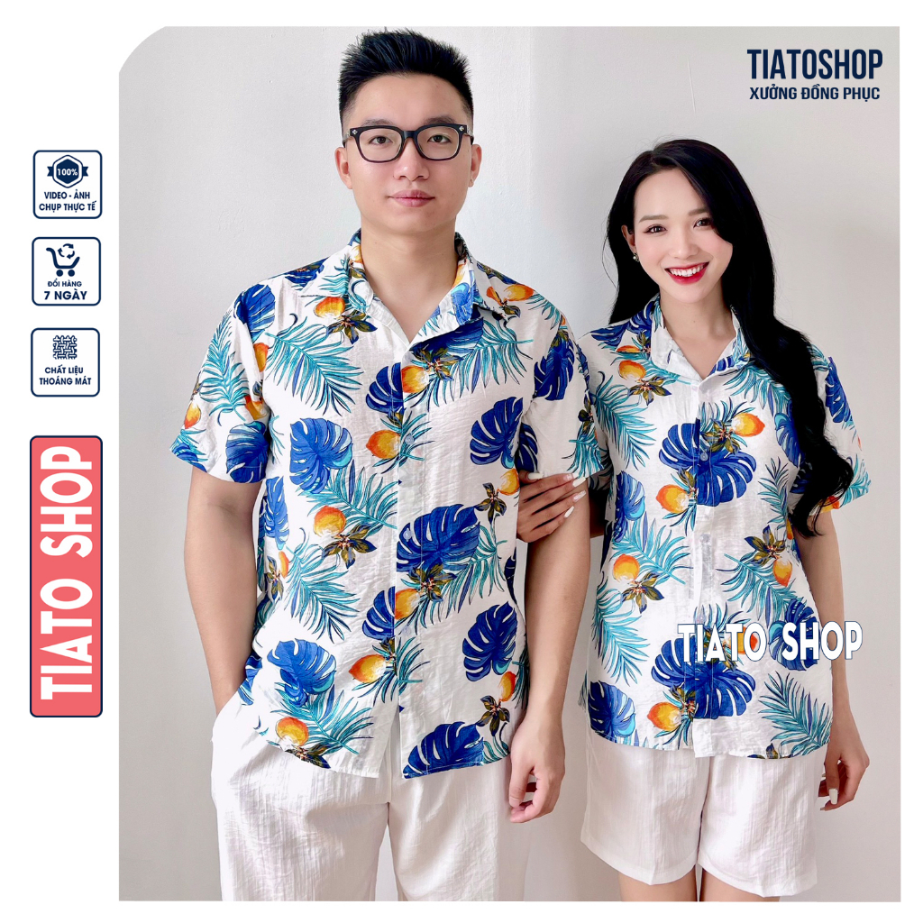 Set Đôi Áo hoa lá, Váy đầm Đi Biển, đồ đôi đi biển, nhóm nam nữ, mẹ và bé, sơ mi hoạ tiết trái cây