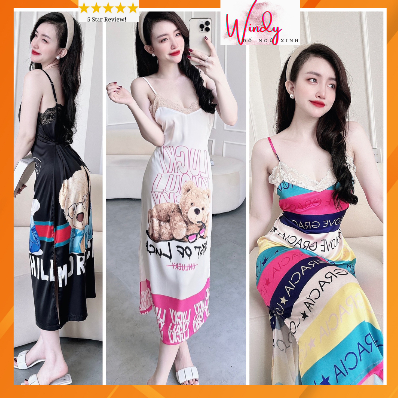 Đầm ngủ 2 dây chất lụa latin cao cấp phối ren siêu mềm mịn mát- Freesize dưới 65kg