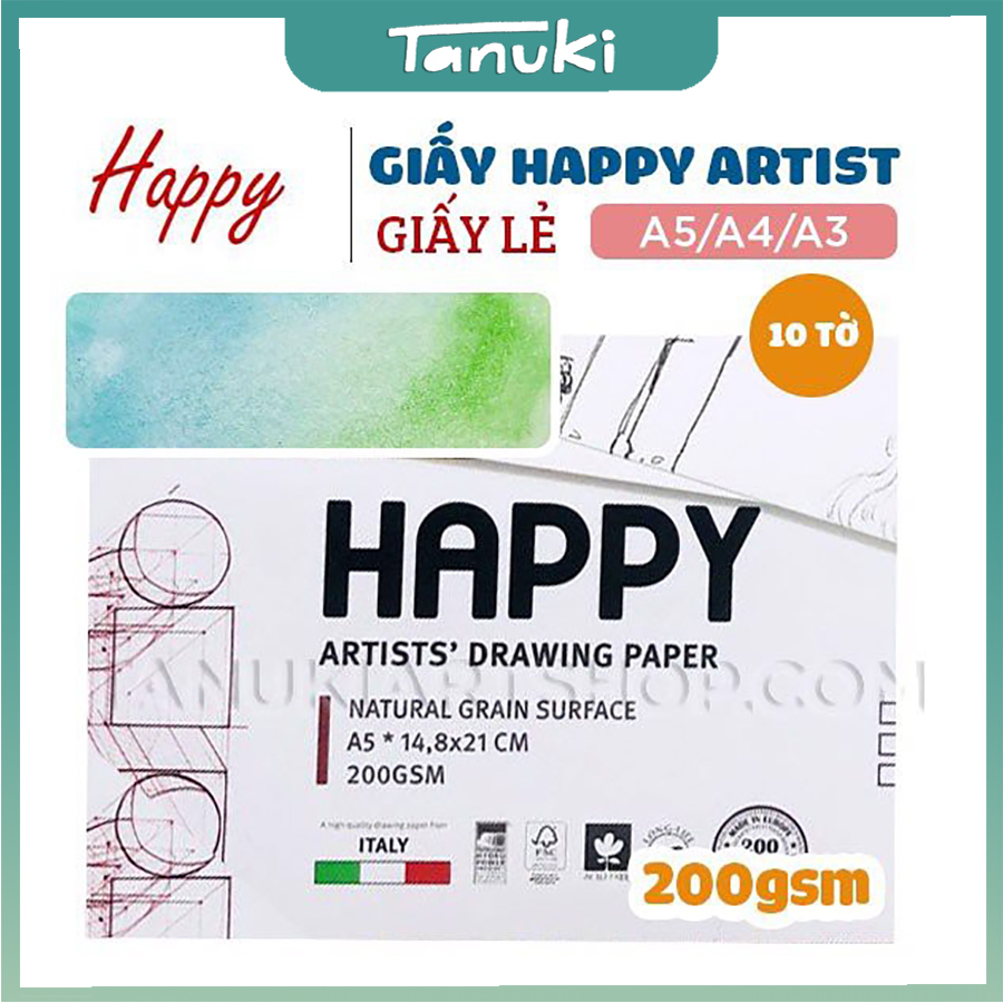 Giấy Happy Artist's Drawing (tập 10 tờ) size A3, A4, A5( 200gsm)