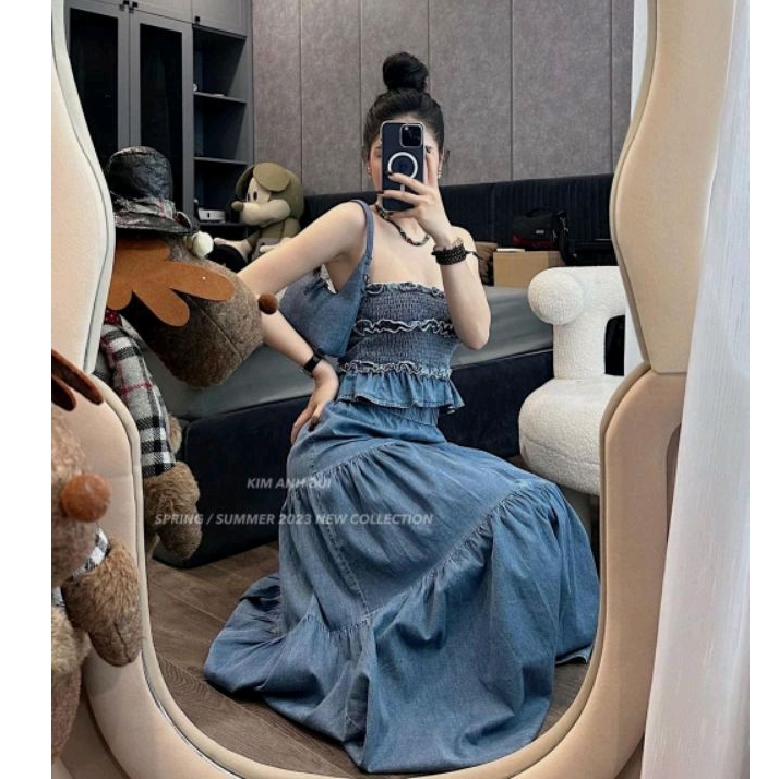 (ảnh thật) Set bò mềm áo quây chạy chun mix chân váy đuôi cá dáng dài