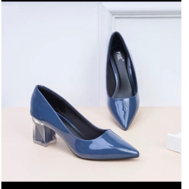 Giày Cao Gót 5cm Da Bóng Mũi Nhọn Đế Vuông Phối Mica P006