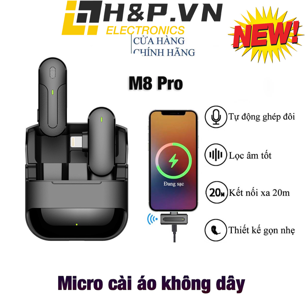 Micro cài áo không dâyM9 ProM8 dock sạc dự phòng Cho điện thoại iOS hoặc Android để live steam Vloger TikTok FB Youtuber
