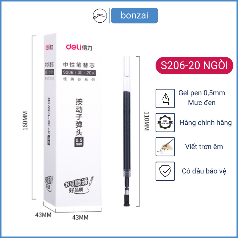 Ruột bút gel DELI S206 (Set 20 ruột) ngòi 0,5mm (Hàng Chính Hãng).