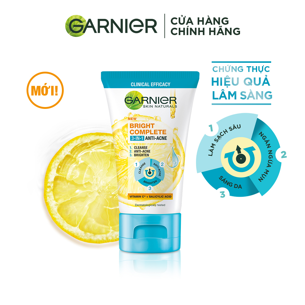 Sữa Rửa Mặt 3 Trong 1 Giảm Mụn & Sáng Da Garnier Bright Complete 3 In 1 Foam Anti Acne