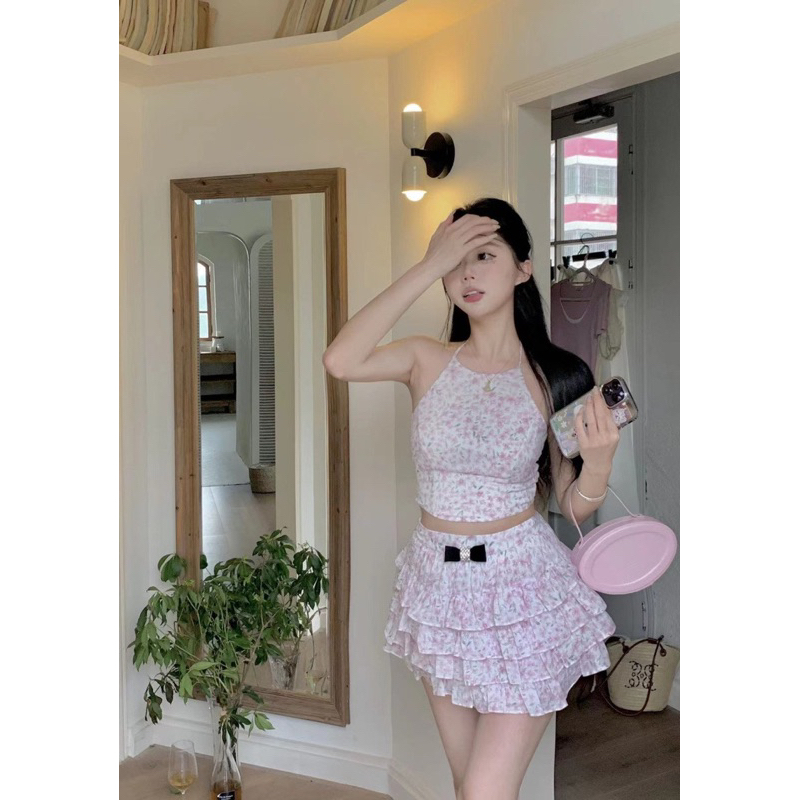 ( ORDER ) Set Áo Yếm & Chân Váy Ngắn Xoè Nhiều Tầng Hoạ Tiết Hoa Nhí