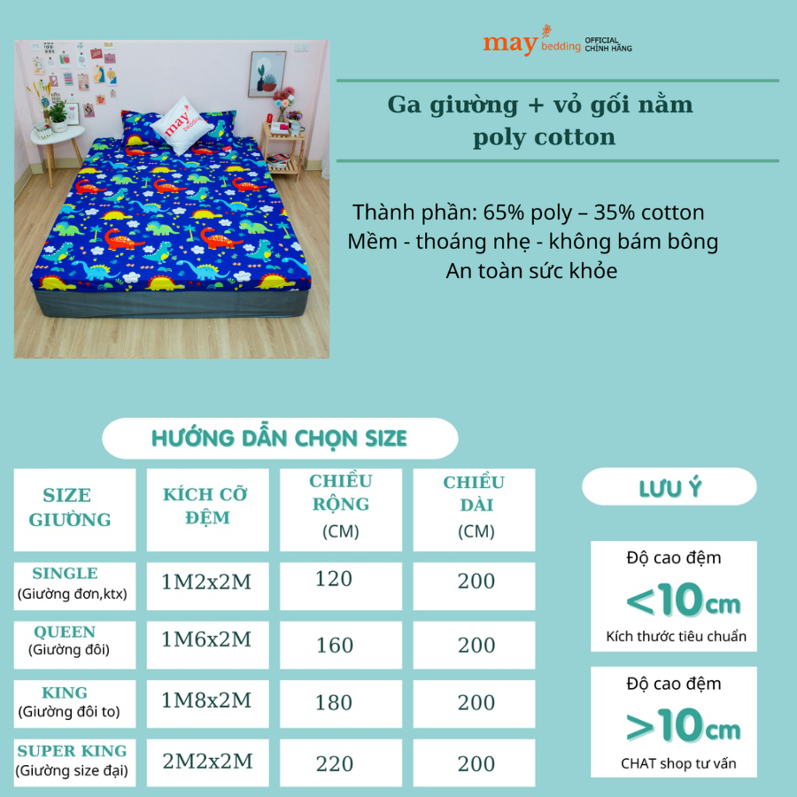 Bộ ga gối cotton poly Maybedding nhiều kích thước giường 1m2 1m6 1m8 2m2 mẫu khủng long