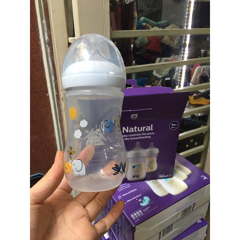 BÌNH SỮA AVENT 260ml hoạ tiết voi xanh, TÍM MẪU MỚI [ New chính hãng tách set]