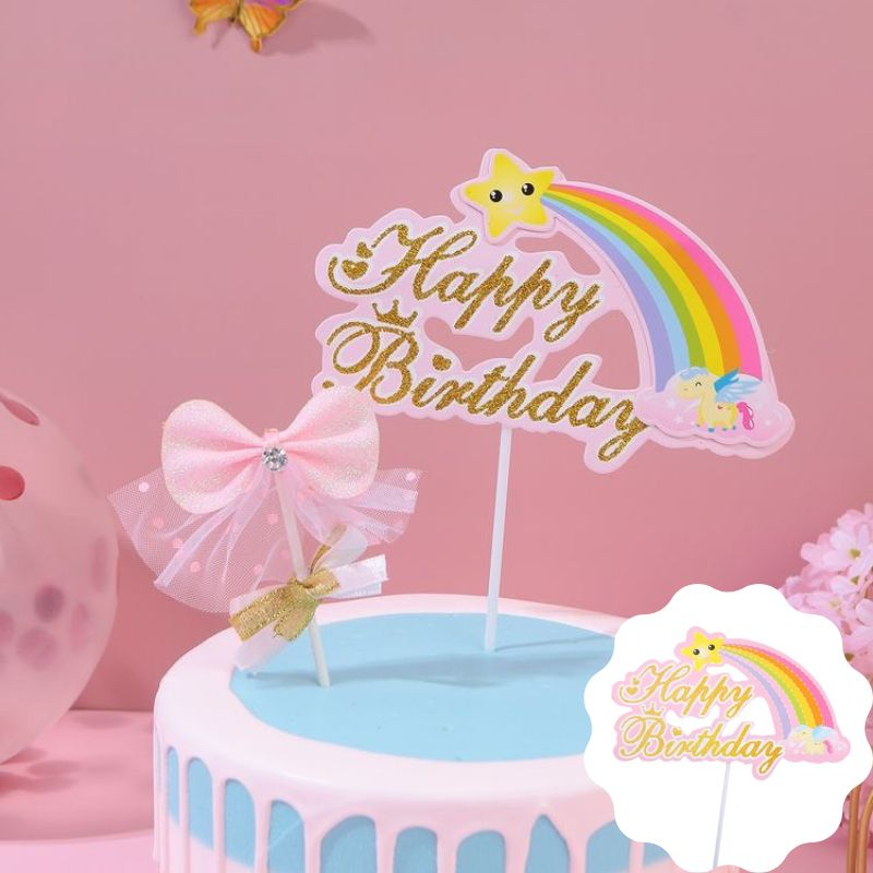 Set 2 cắm giấy cầu vồng hồng xanh, topper nhũ cầu vồng cắm bánh sinh nhật