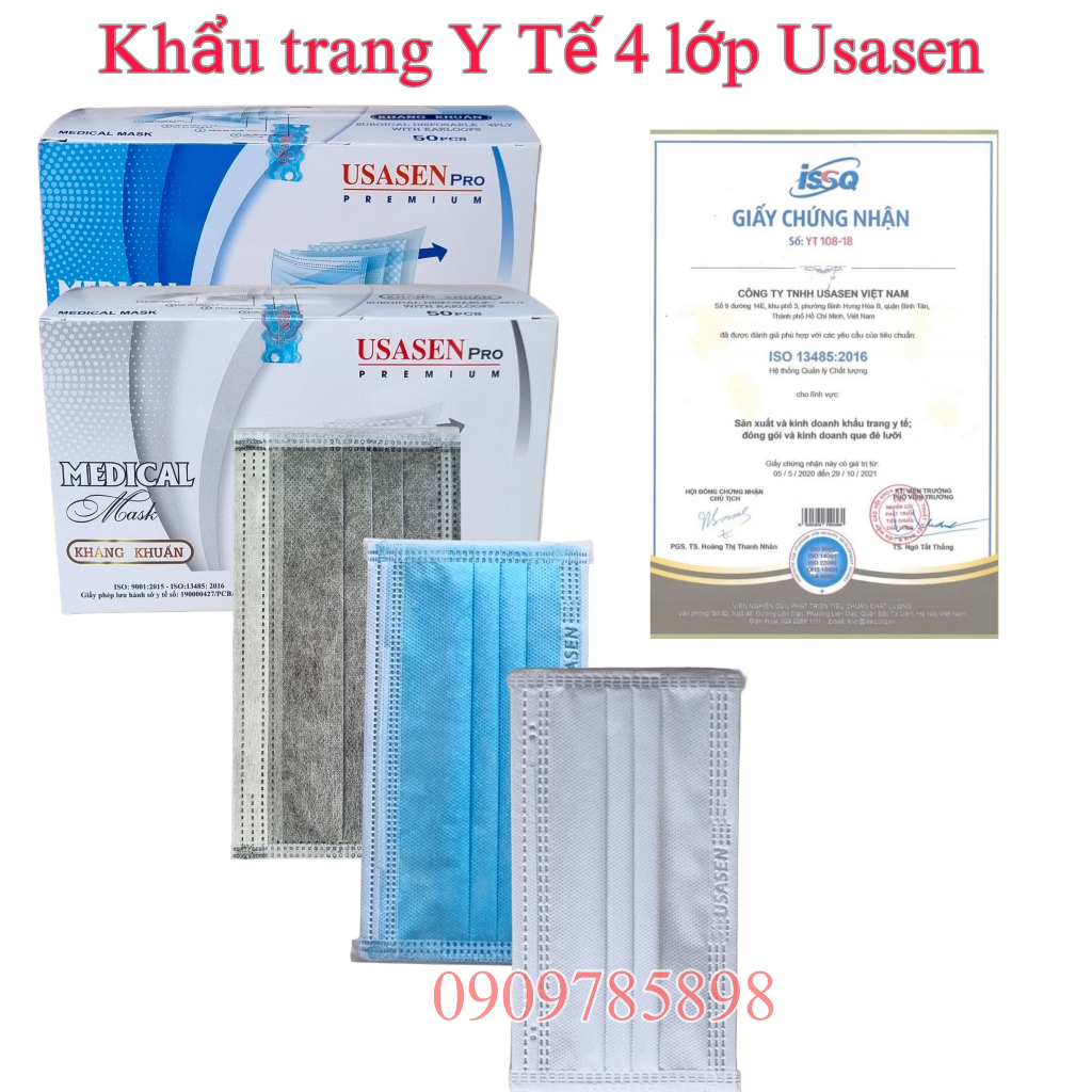 [Hộp 50 cái] Khẩu trang y tế, 4 lớp kháng khuẩn Usasen, có các màu trắng, xám, xanh(có chứng từ Y Tế)