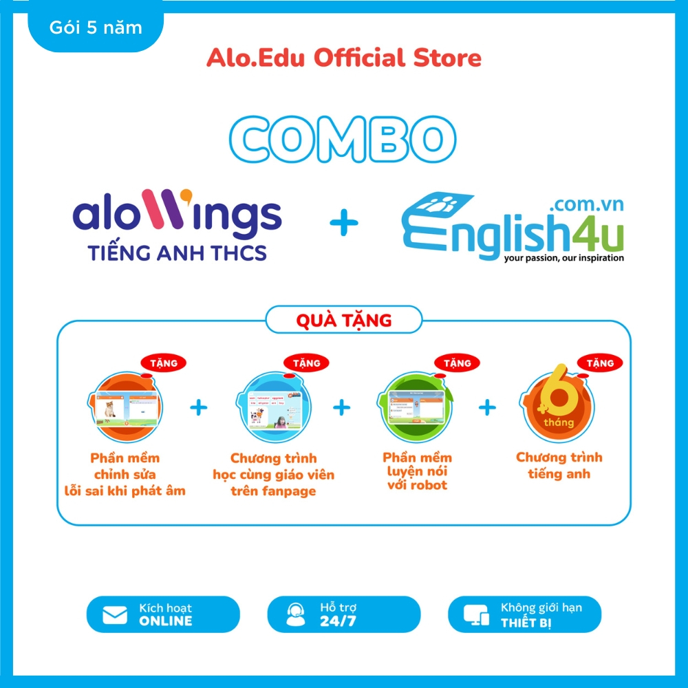 Combo ALOWINGS Tiếng Anh và ENGLISH4U - 2 Khóa học tiếng Anh online dành cho học sinh Cấp 2 và Cấp 3