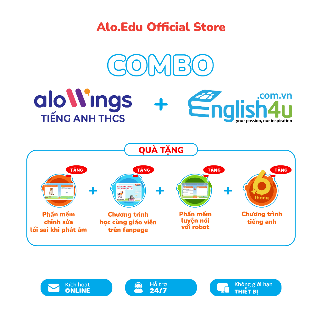 Combo ALOWINGS Tiếng Anh và ENGLISH4U - Nhận mã kích hoạt khóa học tiếng Anh online từ Lớp 6 đến Lớp 12