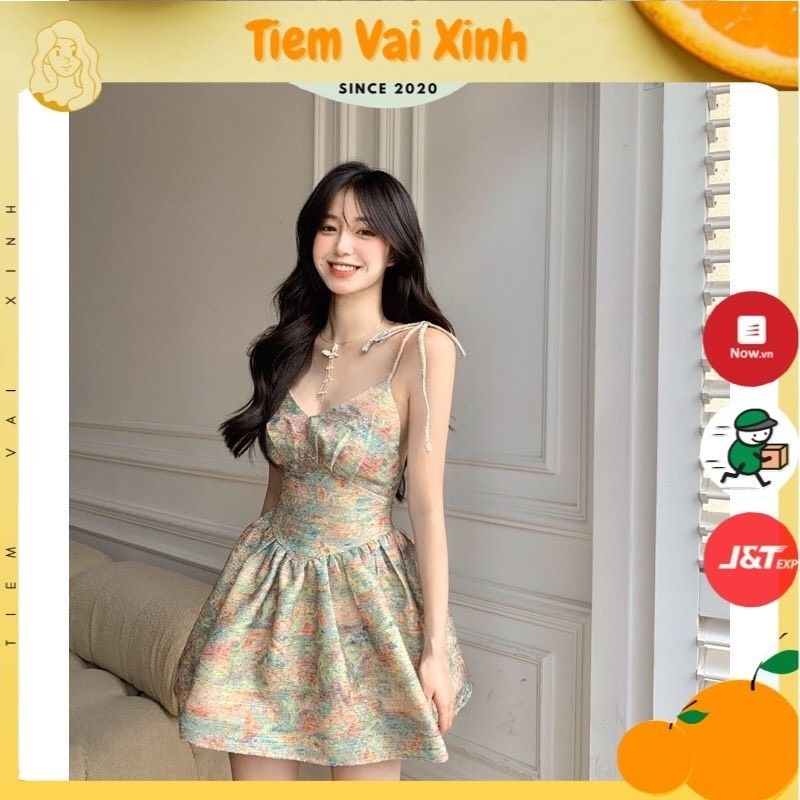 Váy Đầm Dự Tiệc . Váy Đầm Hai Dây Sơn Dầu Sang Chảnh V012