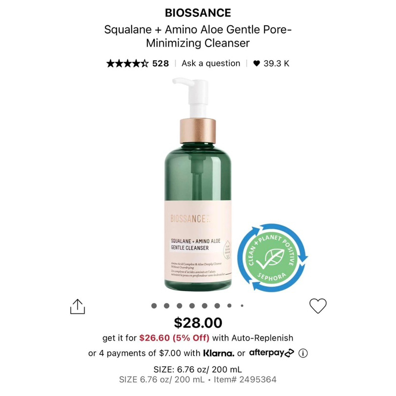 Sữa rửa mặt Biossance Squalane + Amino Aloe Gentle Pore-Minimizing Cleanser 15ml fullbox