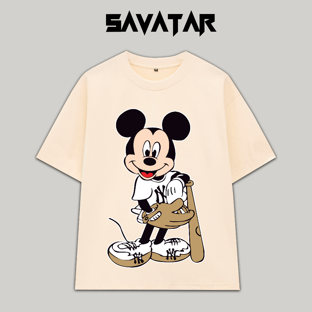 Áo thun cotton trơn cổ tròn unisex tay lỡ nam nữ oversize Mickey Baseball