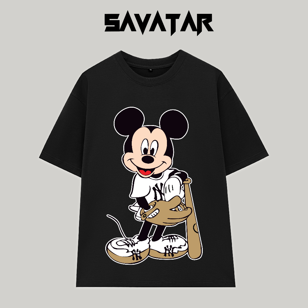 Áo thun cotton trơn cổ tròn unisex tay lỡ nam nữ oversize Mickey Baseball