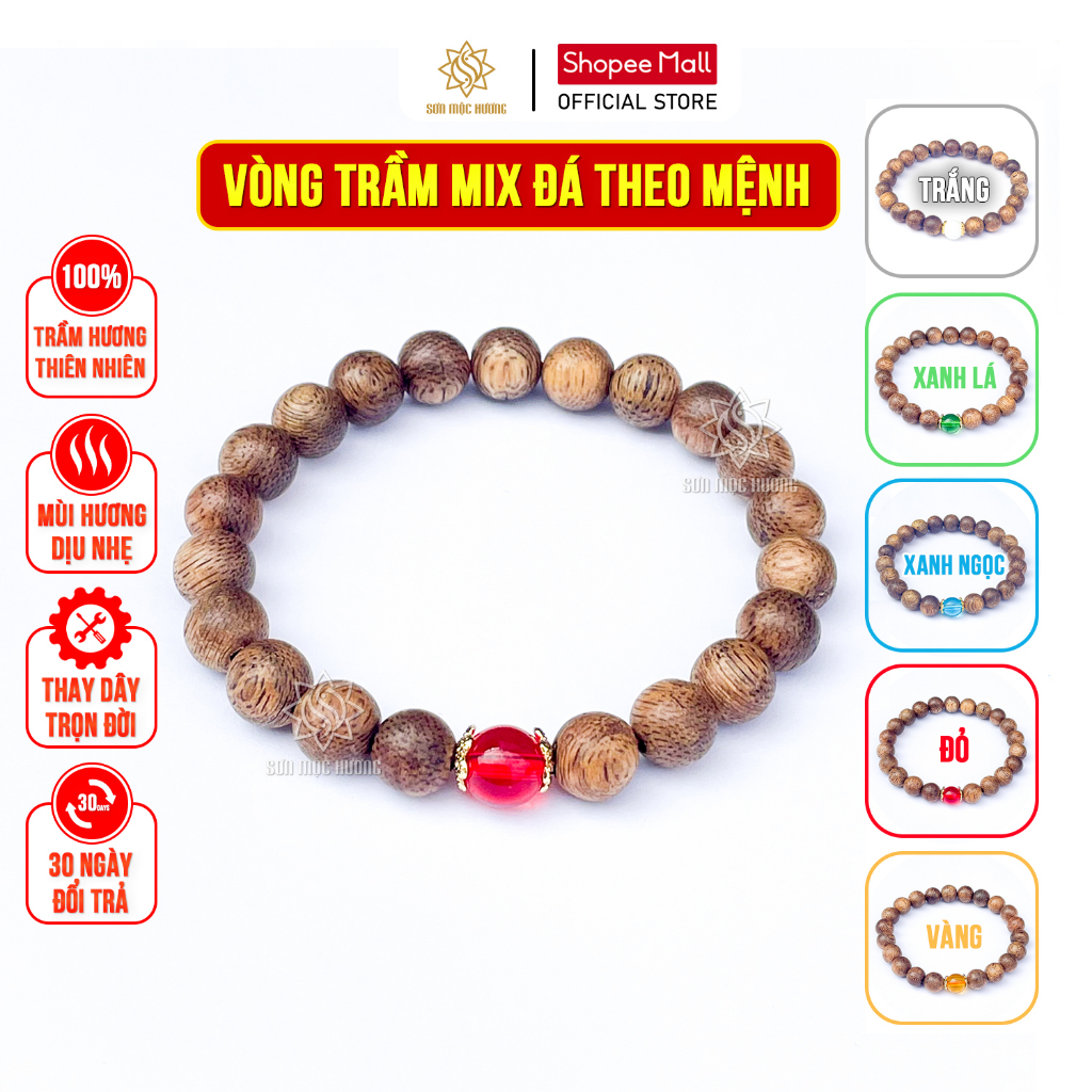 Vòng tay trầm hương mix đá phong thủy Sơn Mộc Hương nam nữ may mắn mệnh kim mộc thủy hỏa thổ