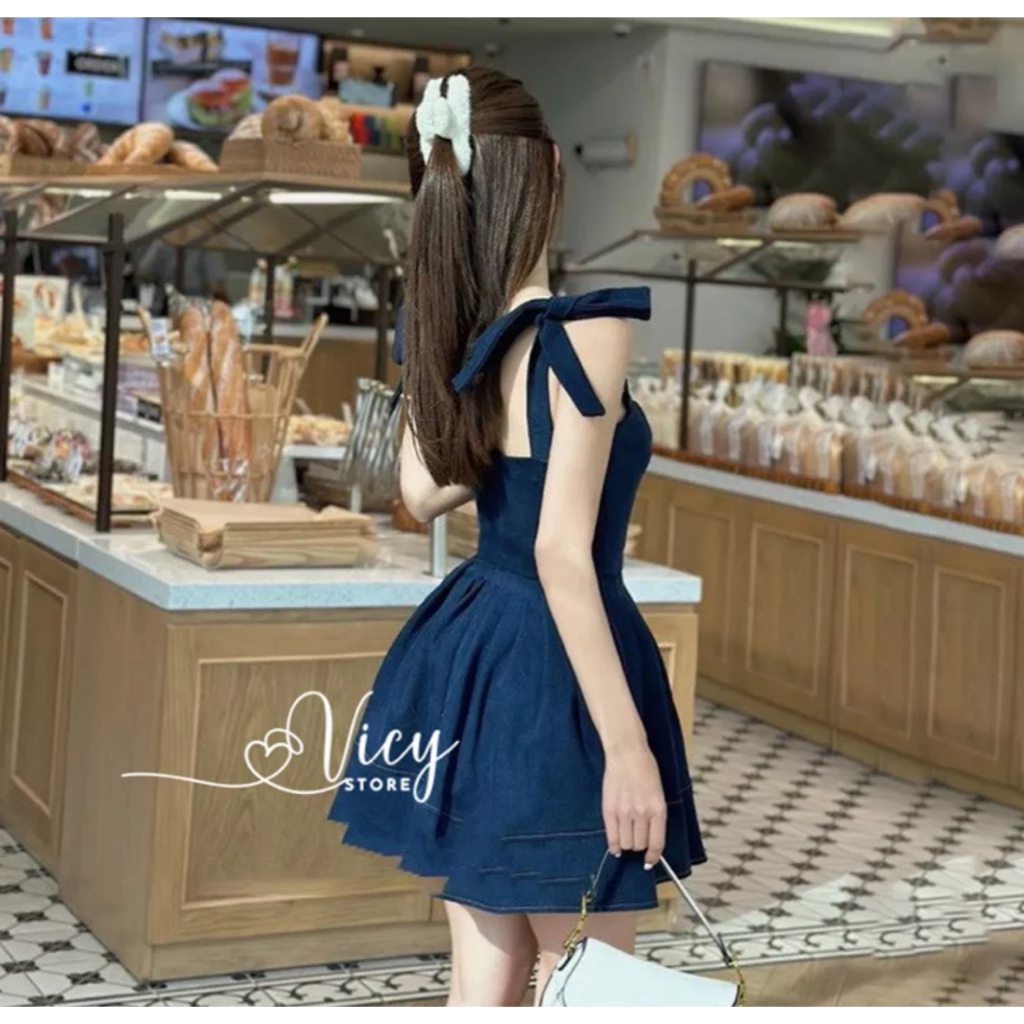 Đầm Jeans 2 Dây Cột Nơ Vai Đầm 2 Dây Form Ngắn Dáng Xòe Bigsize Quỳnh Anh Từ 50 kg Đến 100 kg M/L/XL/XXL Đầm Bigsize