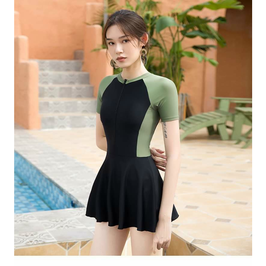 Bikini đồ bơi đi biển một mảnh dây kéo trước phối trắng, xanh rêu tay ngắn form váy BIKINISUNSHINE