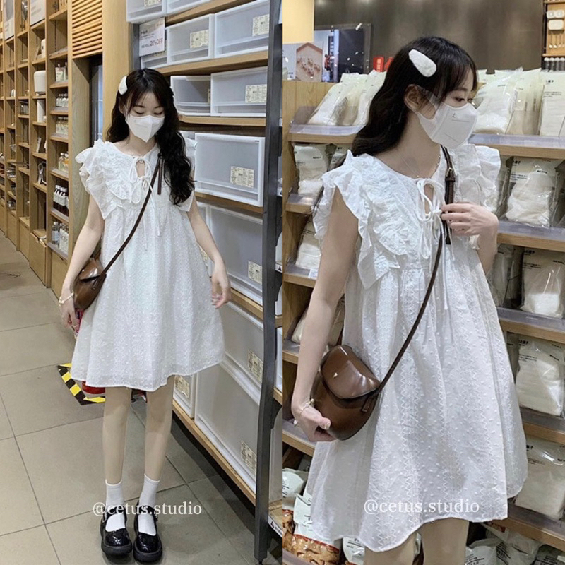 Váy - Đầm babydoll dáng xoè ngắn phối bèo vai cánh tiên xinh xắn đáng yêu