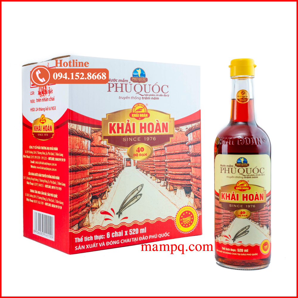 Nước Mắm Phú Quốc Khải Hoàn Hộp 6 Chai Thủy Tinh 520ml (Hoặc 205ml)