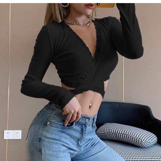 Áo Tay Dài ren chéo cột dây Croptop (ch).
