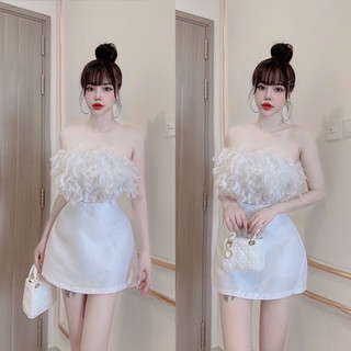 (100% hình thật) {YAME BY THUY TRAN} VÁY TAFTA ĐÍNH LÔNG VIỂN ĐÁ EO FORM A (V67