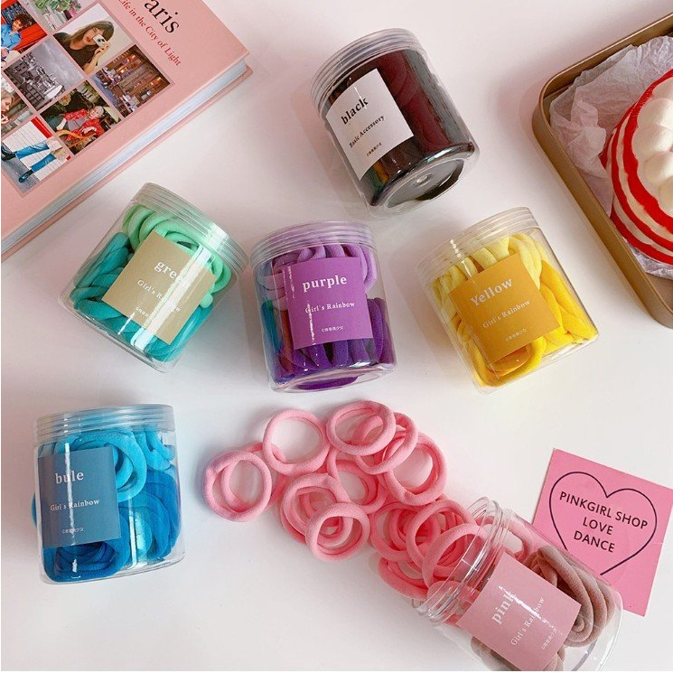 Hộp 50 thun cột tóc xinh đẹp nhiều màu cho nữ phụ kiện buộc tóc đơn giản êm ái chất lượng cao thời trang