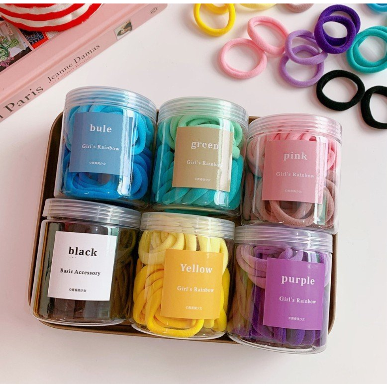 Hộp 50 thun cột tóc xinh đẹp nhiều màu cho nữ phụ kiện buộc tóc đơn giản êm ái chất lượng cao thời trang