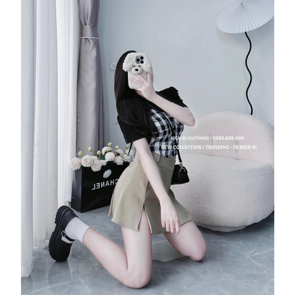 Set áo phối caro lượn eo mix chân váy xẻ siêu hot hit BN711