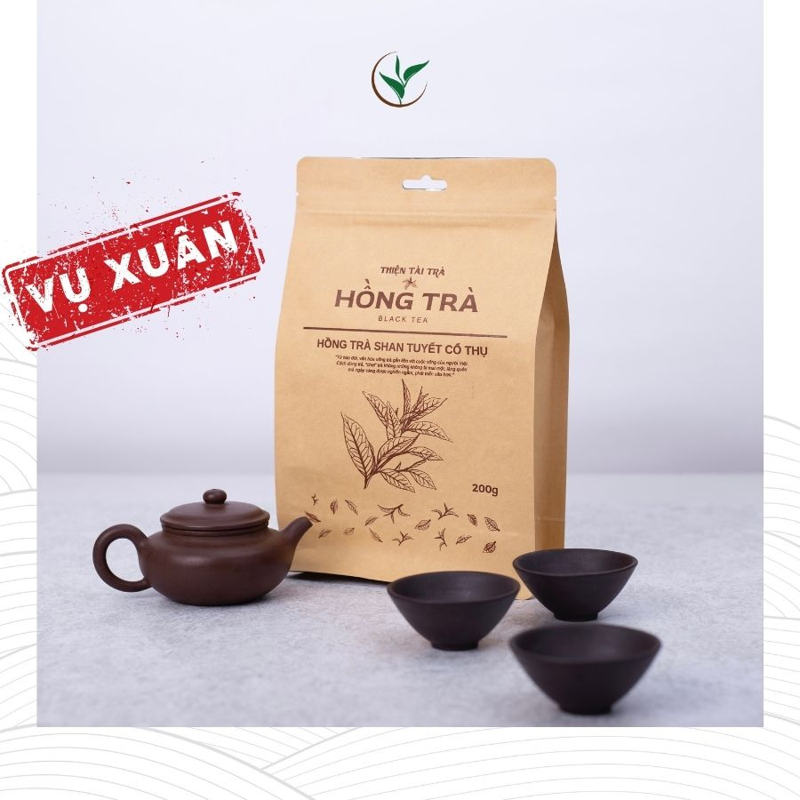 Hồng Trà Thiện Tài Trà Shan Tuyết Cổ Thụ Hà Giang Trà Vụ Xuân (1 tôm 2 lá) Túi 200gram Quà Tặng