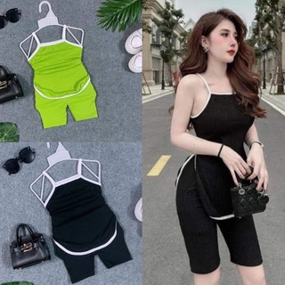 Set bộ áo 2 dây xẻ tà phối quần ngố