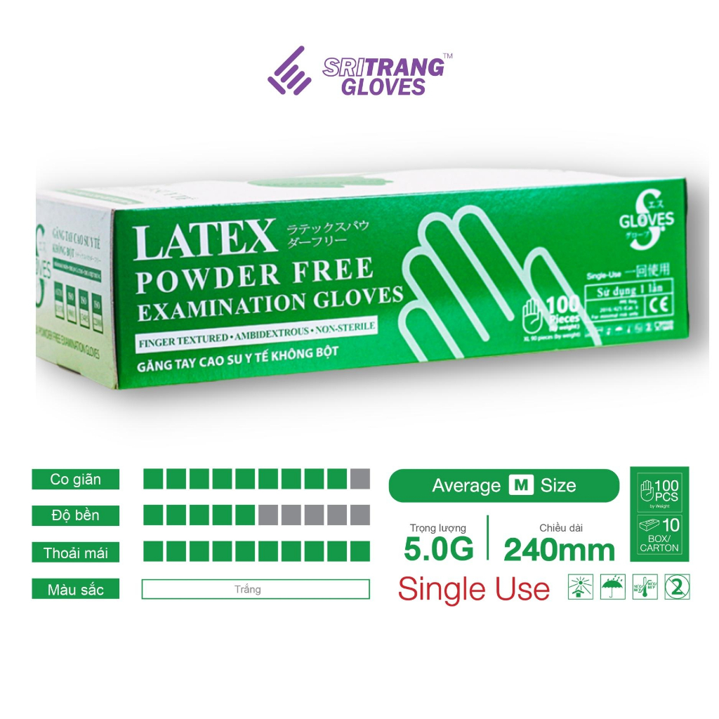 Thùng găng tay y tế Sgloves Latex không bột 5.0g 10 hộp/thùng
