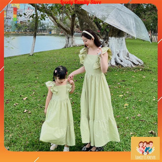 Đầm cho bé gái Set váy đôi mẹ và bé dáng maxi cánh tiên màu xanh cốm dễ thương