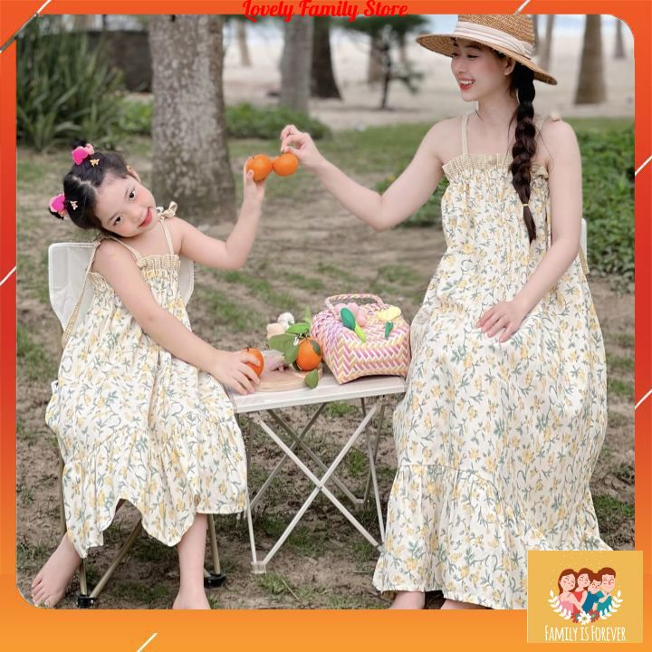 Đầm đôi mẹ và bé chất linen hoạ tiết hoa xinh xắn