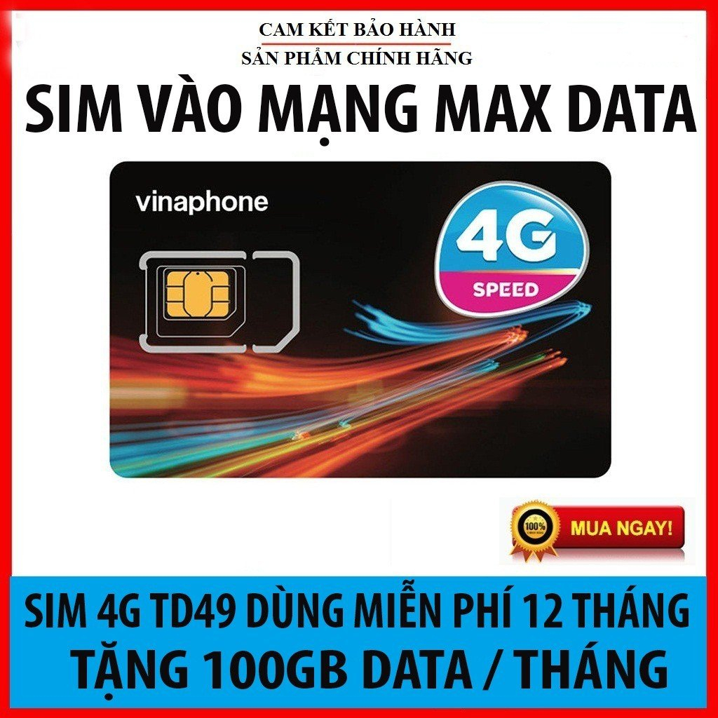 Sim 4G TD49 Vinaphone , Data 100GB/Ngày , Tổng 1200GB Sử Dụng 1 Năm , Bảo Hành 12 Tháng
