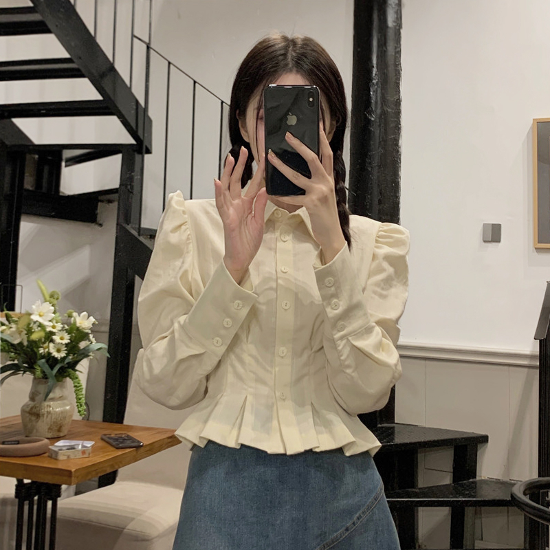 Áo sơ mi nữ dáng ngắn chiết eo tiểu thư, sơ mi nữ tay dài vintage kiểu Pháp 8070