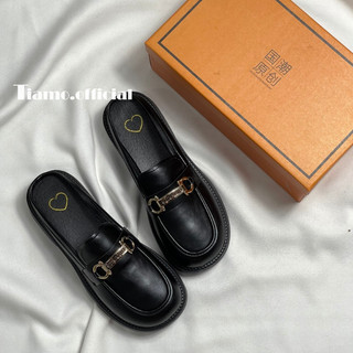 Giày Sục Oxford Xích Chữ Ngang Lolita Nữ Đế Cao Năm Phân Dẫm Gót Da Lì Màu Đen