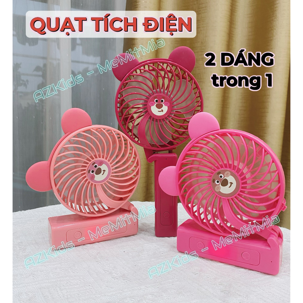 Quạt tích điện cầm tay, để bàn mini 2 dáng trong 1 gấu dâu sạc usb tiện lợi