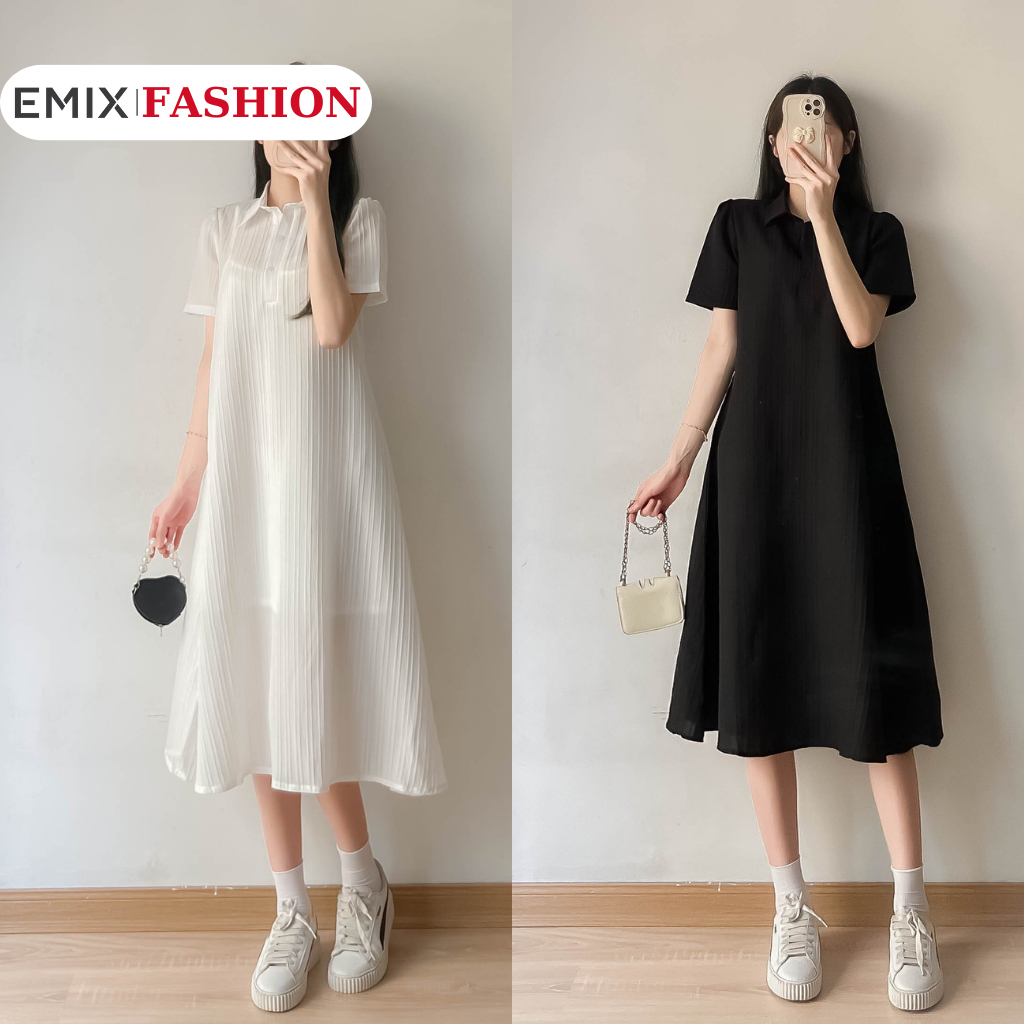 Váy polo suông dài EMIX, đầm cộc tay chất thun Hàn mát mịn freesize dưới 55kg Vay825/P2K9