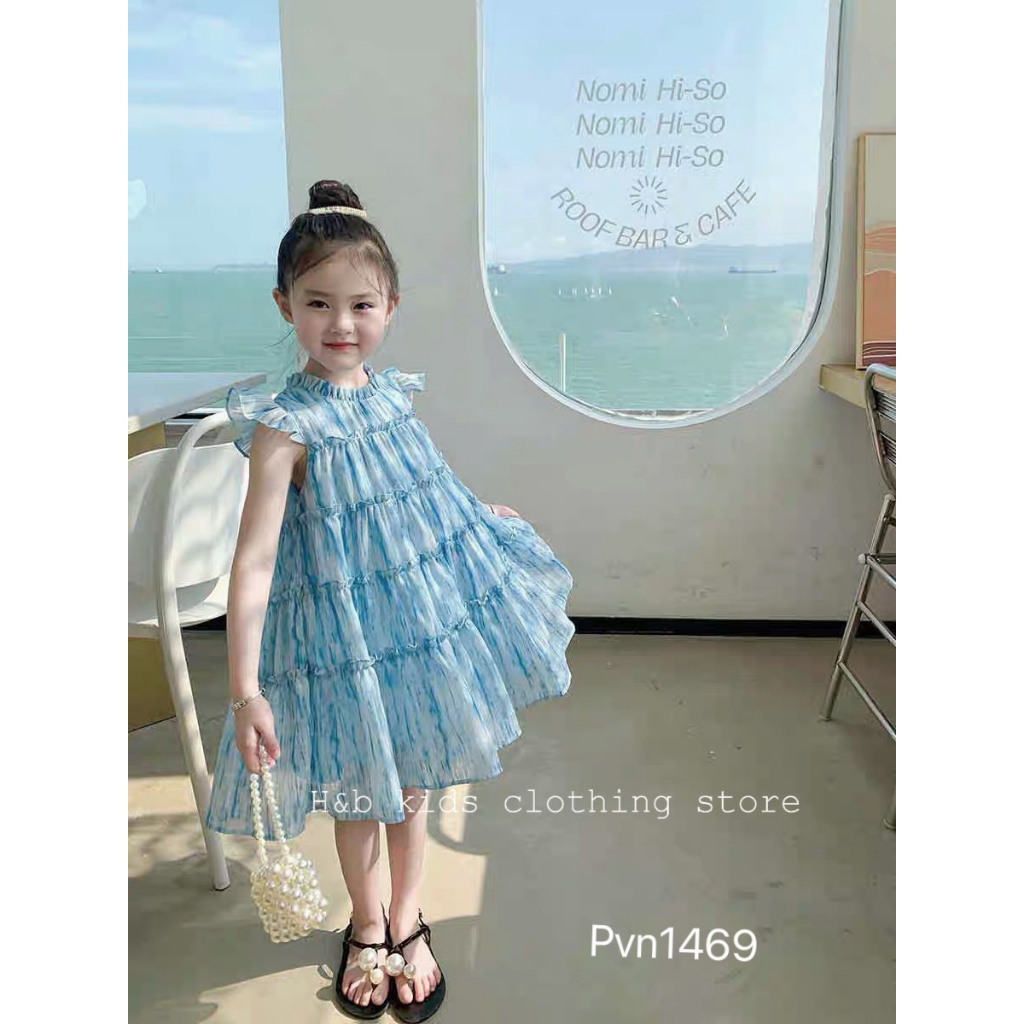 Váy đi chơi cho bé, Đầm xòe dáng ngắn cánh tiên màu xanh dương cho bé gái siêu xinh