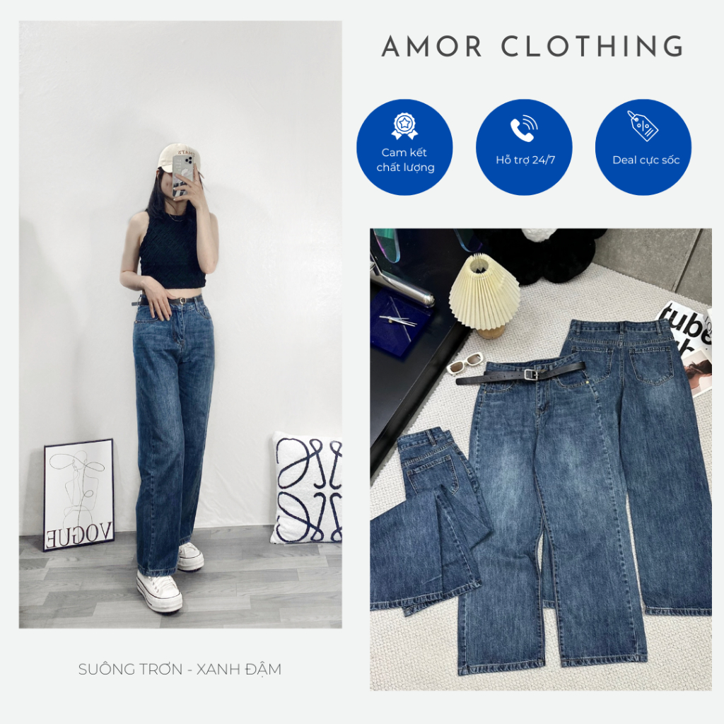 Quần Jean Nữ Amor Lưng Cao, Ống Suông - Quần Bò Nữ Amor Lưng Cao, Ống Suông Dáng Rộng Thời Trang Cao Cấp