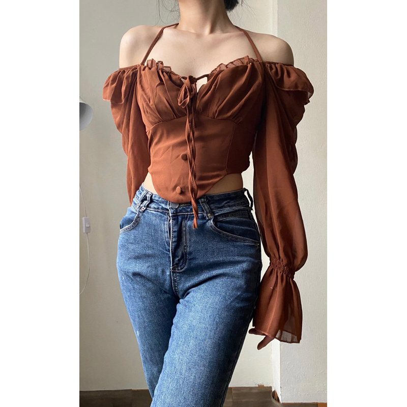 Áo croptop trễ vai dài tay vạt bầu vải voan mát (ảnh thật shop chụp)