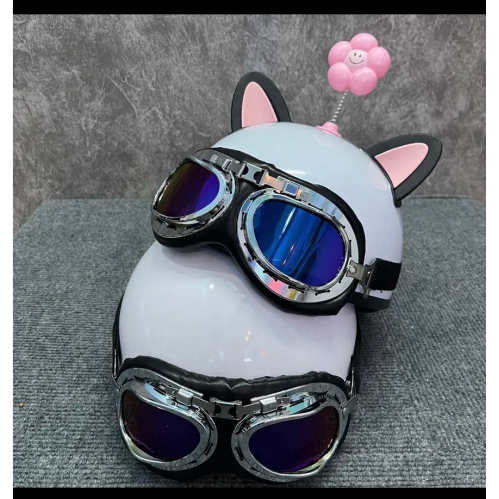 Nón bảo hiểm nửa đầu kèm kính phi công tặng tai mèo và bông hoa gắn nón